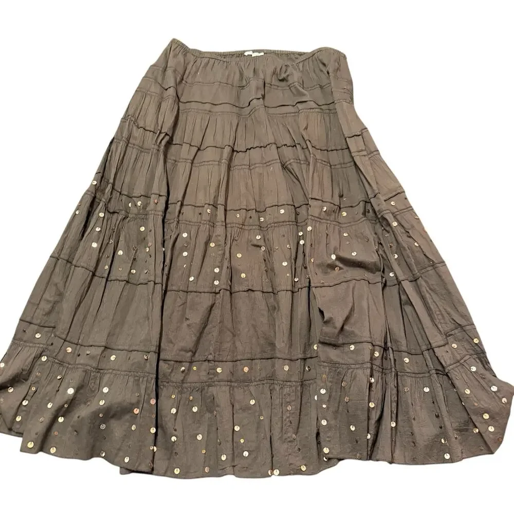 Harold’s Women’s Maxi brown crinkle skirt w sequins, boho, Large